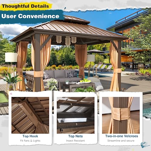 MELLCOM 10'x13' Hardtop Gazebo with Polycarbonate Double Roof, Aluminum Frame Outdoor Gazebo Permanent Pavilion with Curtains and Netting for Patio