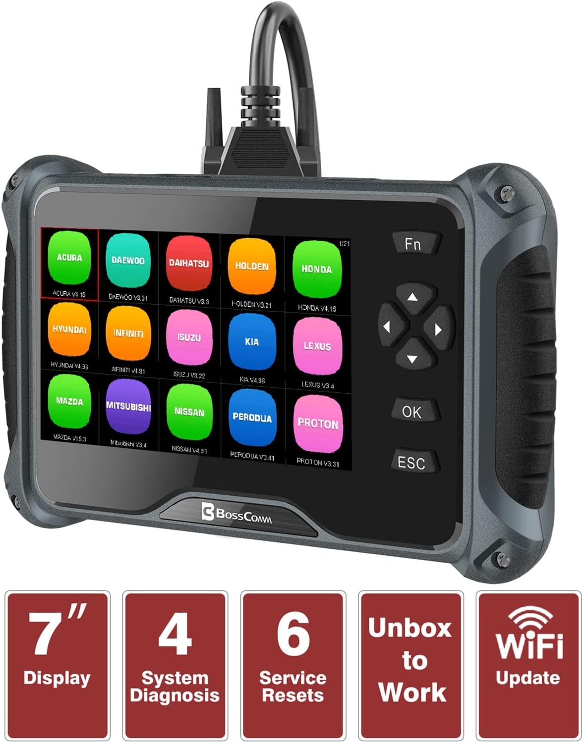 BOSSCOMM IF-742 OBD2 Car Scanner Automotriz 7Inch Code Reader & Scan Tool Diagnostic Engine, ABS, SRS