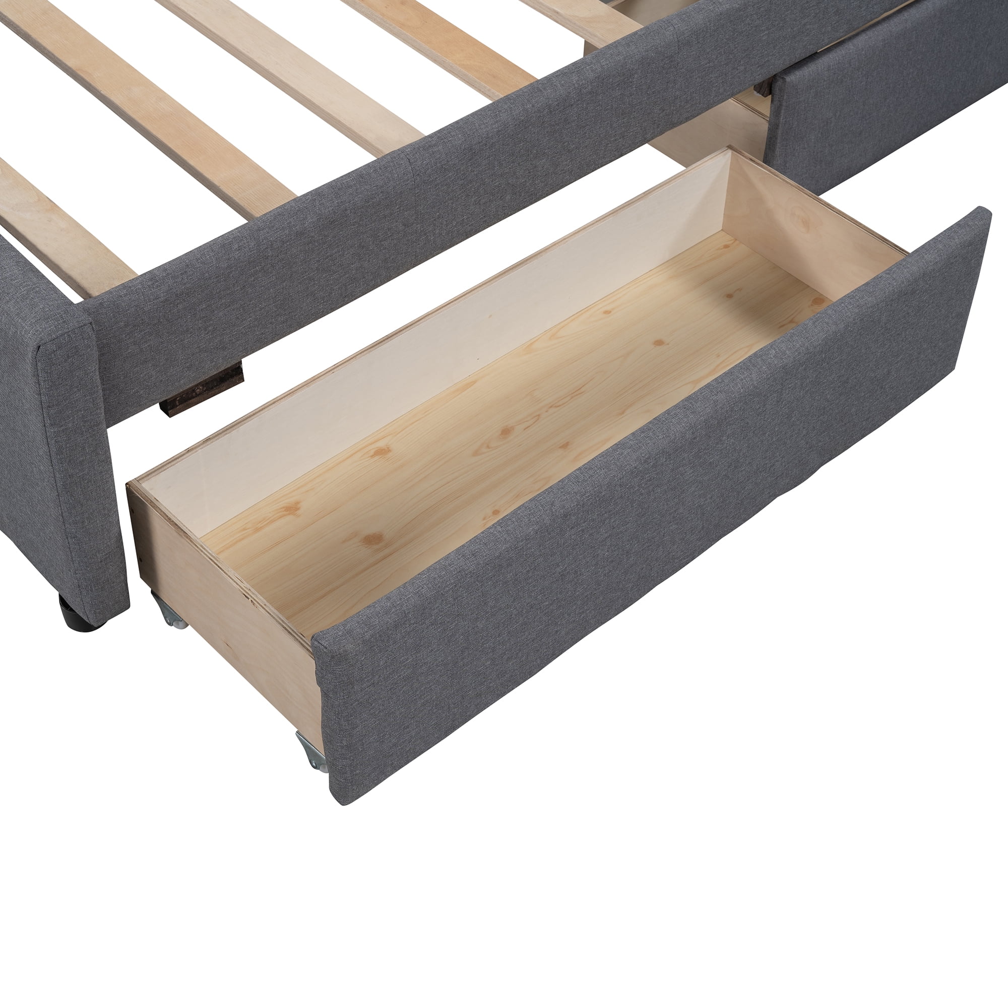 Euroco Upholstered Full Size Platform Bed with 2 Drawers for Kids Room, Solid Wood Daybed for Guests room, Gray