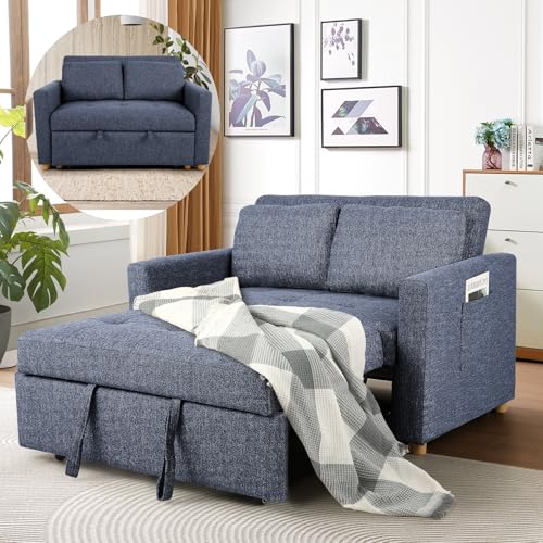SEJOV 3-in-1 Convertible Sofa Bed, Linen Fabric Sleeper Couch Pull Out Bed, 49" 2-Seater Loveseat Futon Sofa with Spring Support