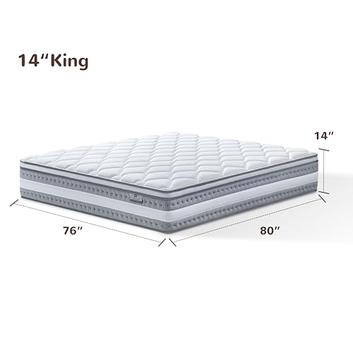Queen Mattress, 14 Inch Hybrid Mattresses in a Box, Individually Wrapped Pocket Coils for Isolate Motion, Gel Memory Foam, Medium Firm Support