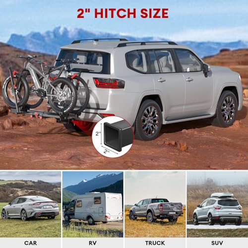 Hitch 2 EBike Rack with Ramp, 170lbs Capacity Foldable Electric Bike Carrier for 2 Heavy Ebike, Up to 5" Fat Tire Bicycle for 2" Receiver for Car