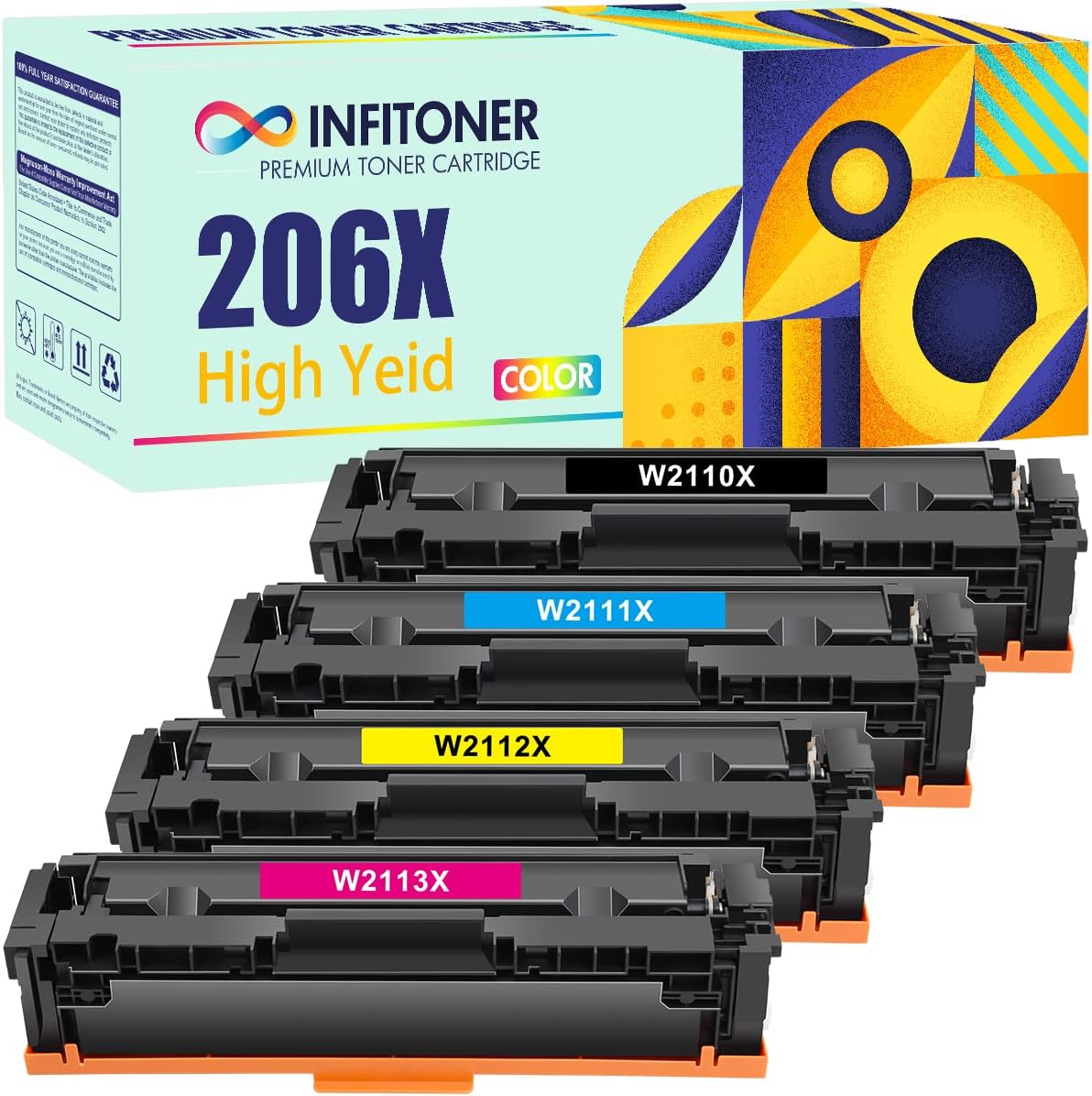 INFITONER Compatible 206X Toner Cartridge Replacement for HP 206X 206A 206 W2110X W2110A Color Pro MFP M283fdw M255dw M283cdw M283 M255 Printer Ink