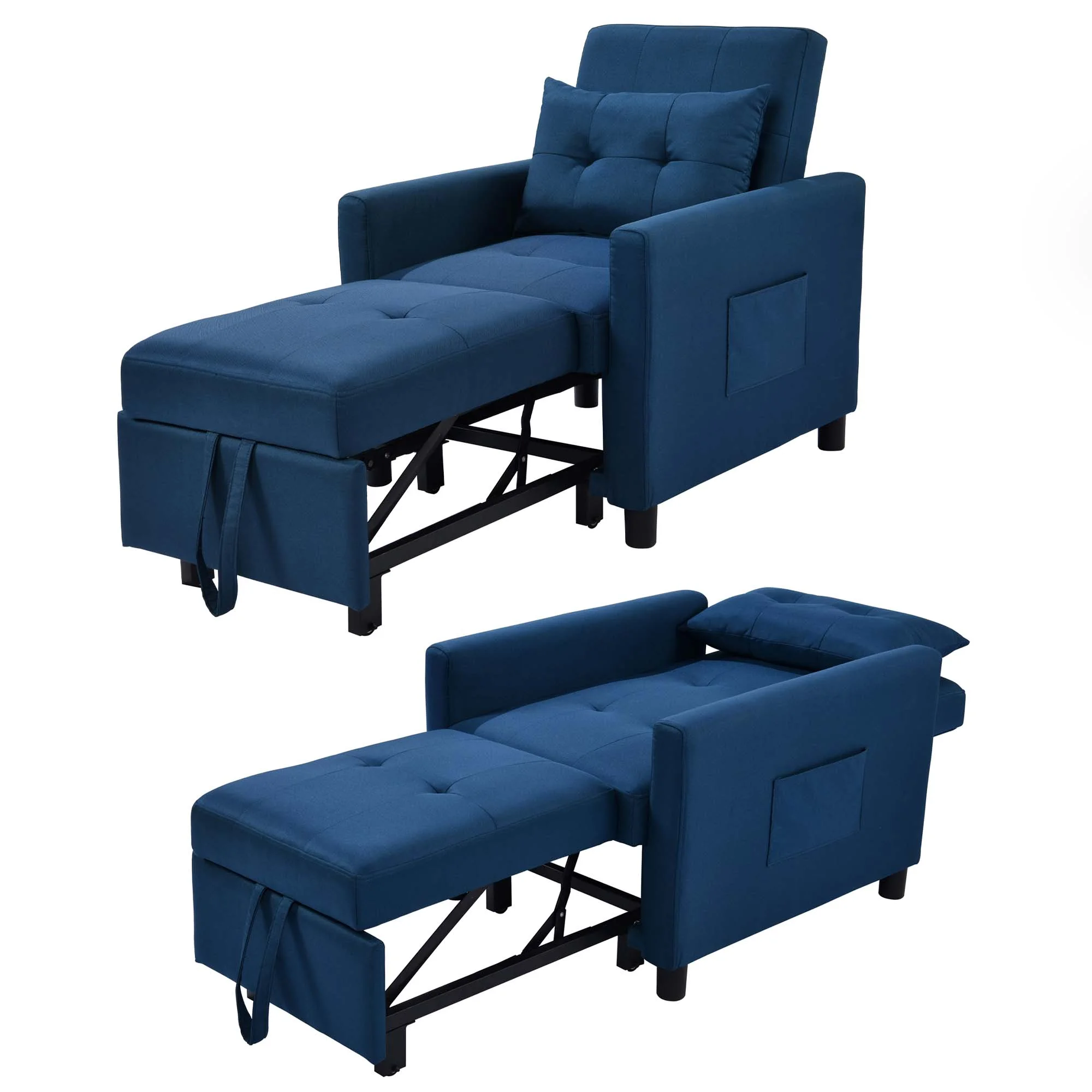 Aukfa Single Sofa Bed with Pull Out Sleeper, Convertible Futon Chair with Pocket for Living Room/Small Space - Blue
