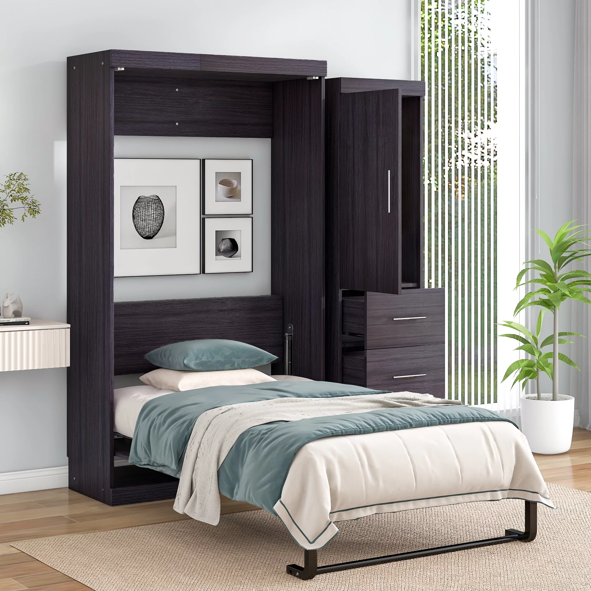 CoSoTower Twin Size Murphy Bed with Wardrobe and Drawers. Storage Bed. can be Folded into a Cabinet. Gray