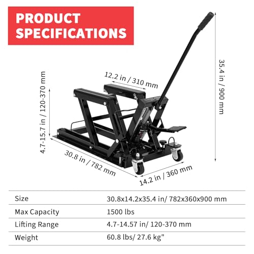 Hydraulic Motorcycle Lift Jack 1500Lb Capacity ATV Scissor Jack with 4.7-14.57in Height Adjustment, Non-Slip Platform & 360° Swivel Casters