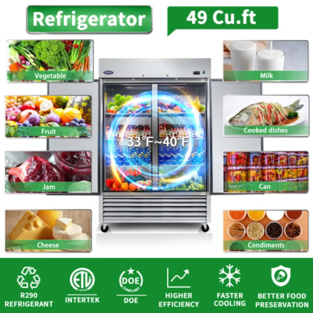 ORIKOOL 54" Commercial Refrigerator 49 Cu.ft with 2 Solid Door Reach-In Refrigerators Stainless Steel ETL Approved Upright Fridge Storage  Silver +