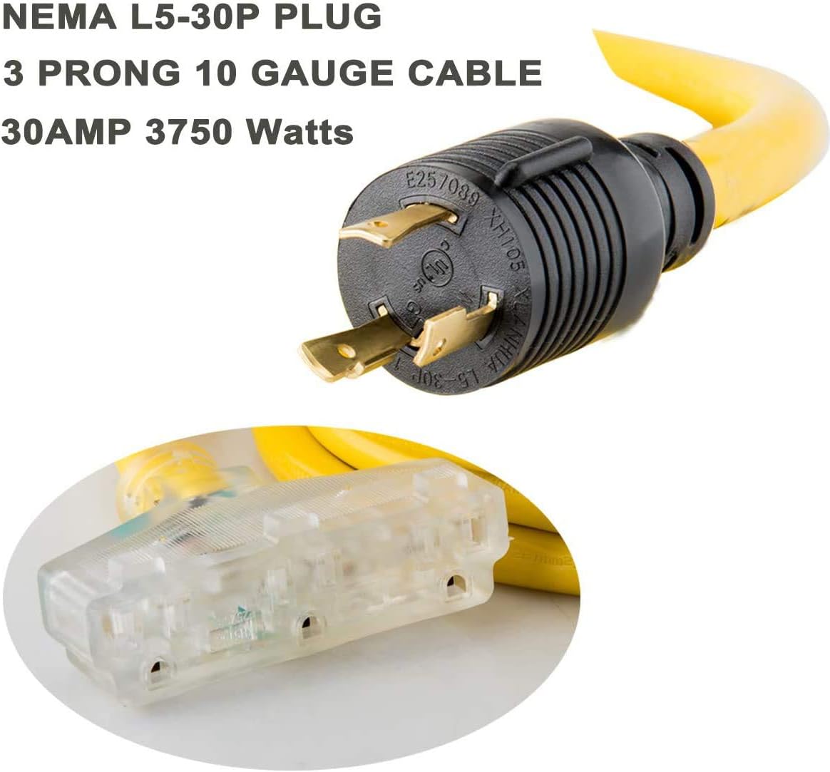 25 Feet Heavy Duty Generator Extension Cord,Generator Locking Cord,NEMA L5-30P/Three 5-15R, 3 Prong 10 Gauge Flexible Generator Cable