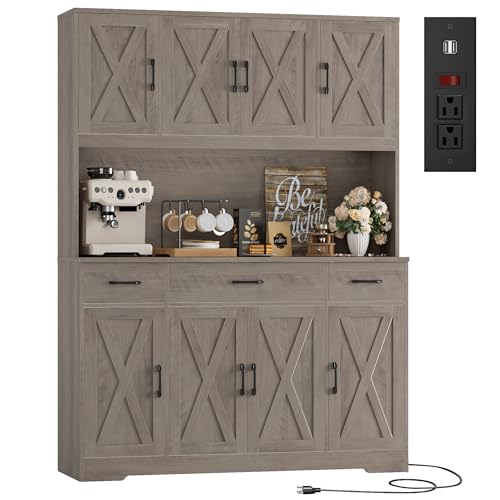 HOSTACK 71" Tall Kitchen Pantry Storage Cabinet with Charging Station, 55" Wide Kitchen Hutch Cabinet with Large Countertop