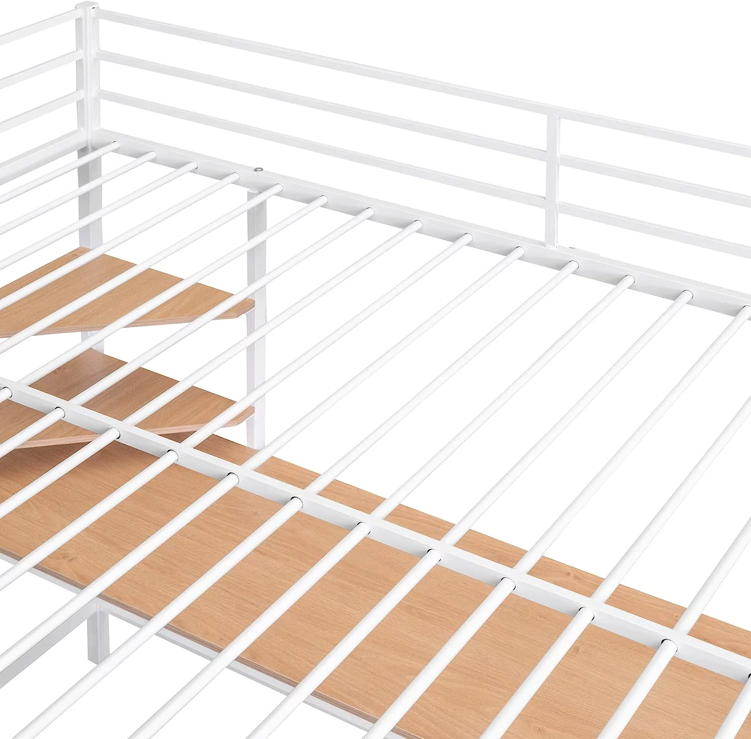 Full Size Metal Loft Bed With Long Desk, Shelves And Full Length Guardrails, Space-Saving Full Loft Bed For Bedroom, White