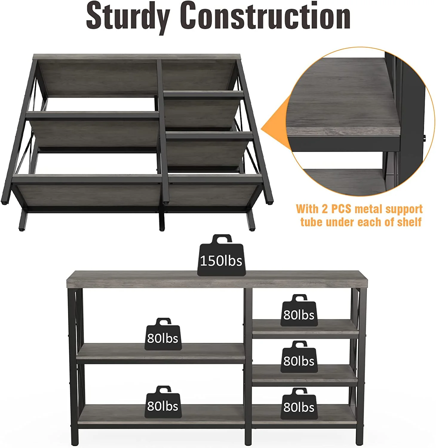 Duerer 5-Tier Console Table for Entryway, Industrial Sofa Table Narrow Storage Shelves for Living Room, Hallway, Gray