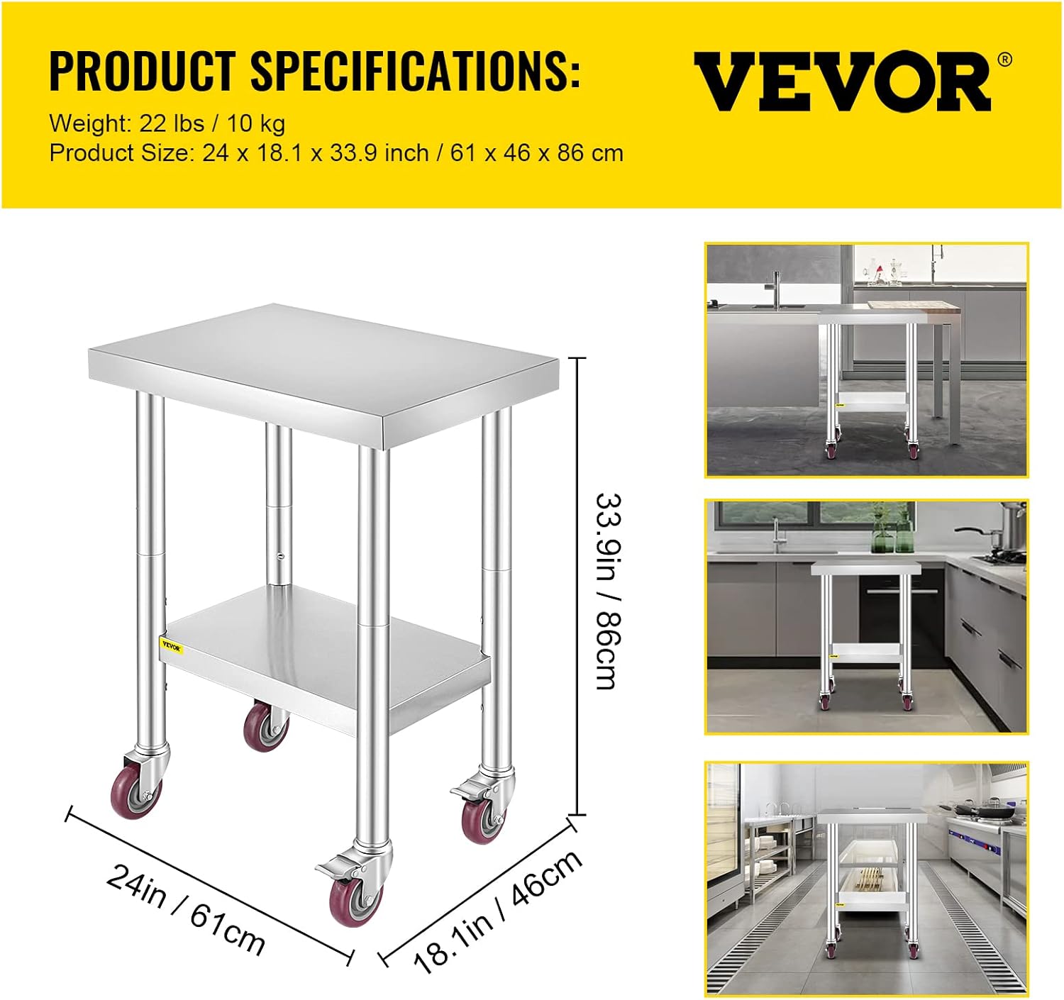 Mophorn Stainless Steel Work Table with Wheels 24 x 30 Prep Table with casters Heavy Duty Work Table for Commercial Kitchen Restaurant Business (24 x