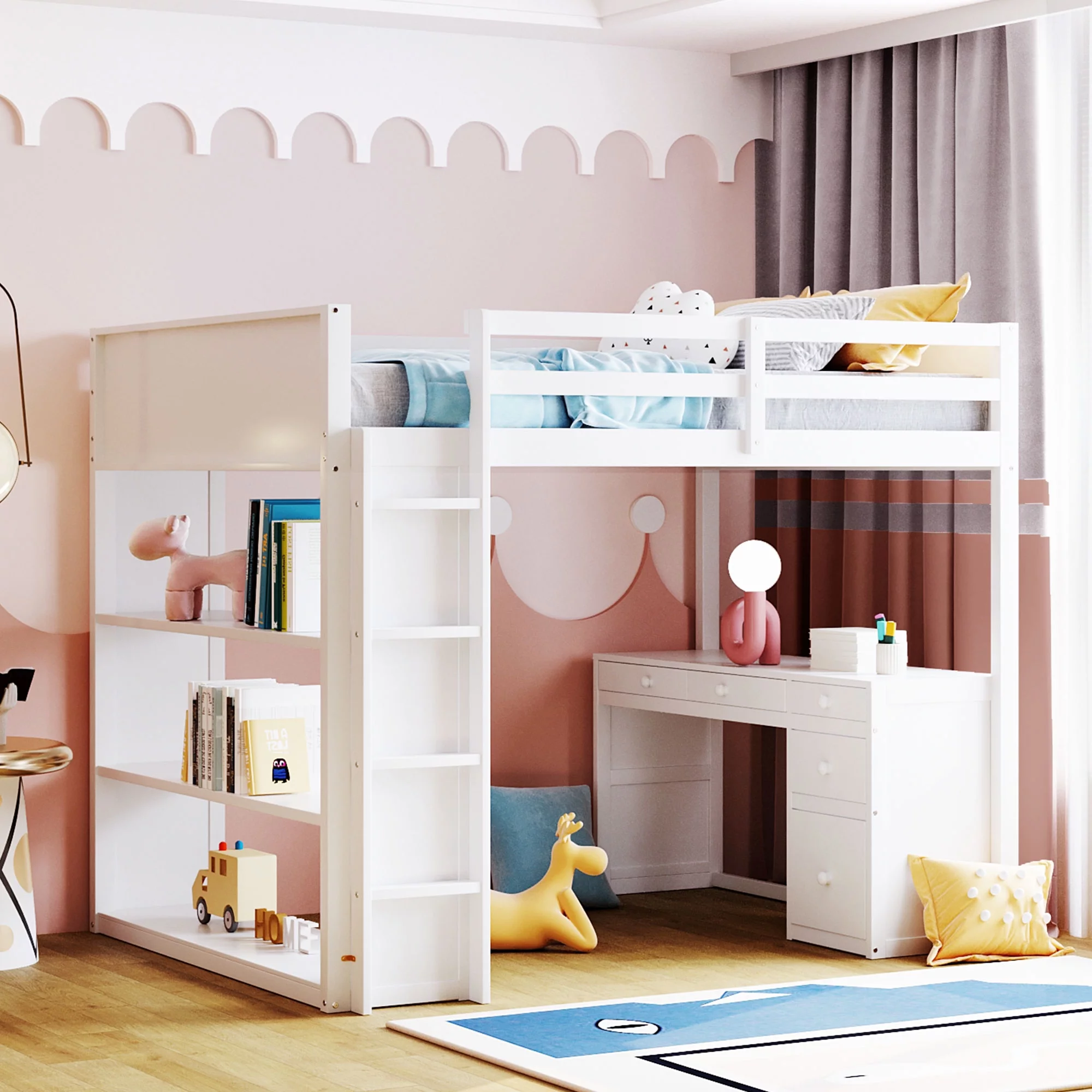 CoSoTower Full Size Loft Bed with Ladder, Shelves, and Desk, White - Curated Treasures Market
