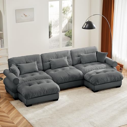 130" Modular Sectional Sofa,Velvet Upholstered Couches for Living Room,3 Seater Green Sofa Couch with Movable Ottoman