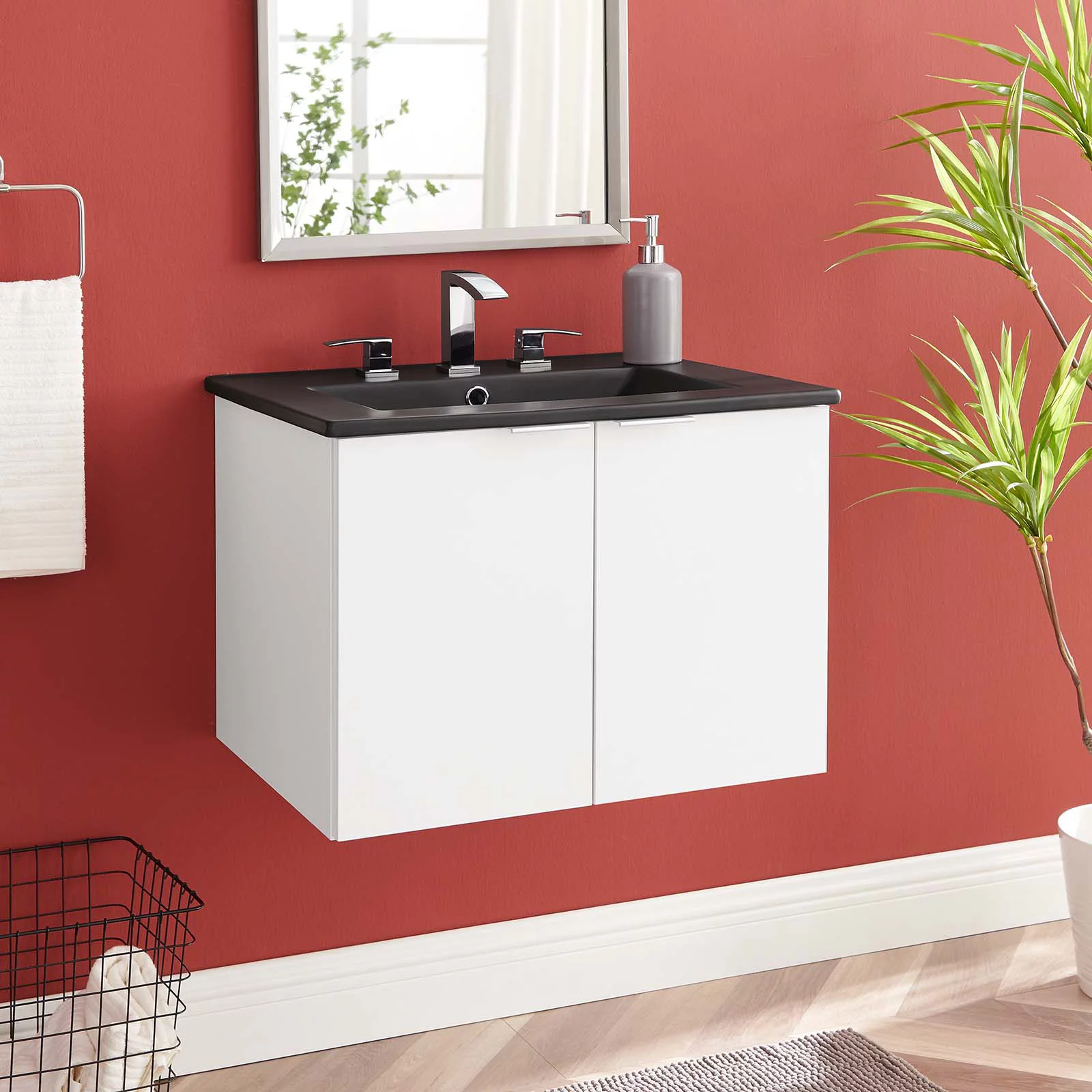 Sink Vanity Cabinet, Wall Mounted, Melamine, White Black, Modern Contemporary Urban Design, Hotel Bedroom Bathroom Master Suite Guest