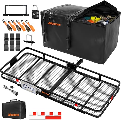 Mockins XXL 70"x30"x6" Folding Trailer Hitch Cargo Carrier Set w/License Plate Bracket | 500 Lbs Cap Steel Luggage Rack for SUV