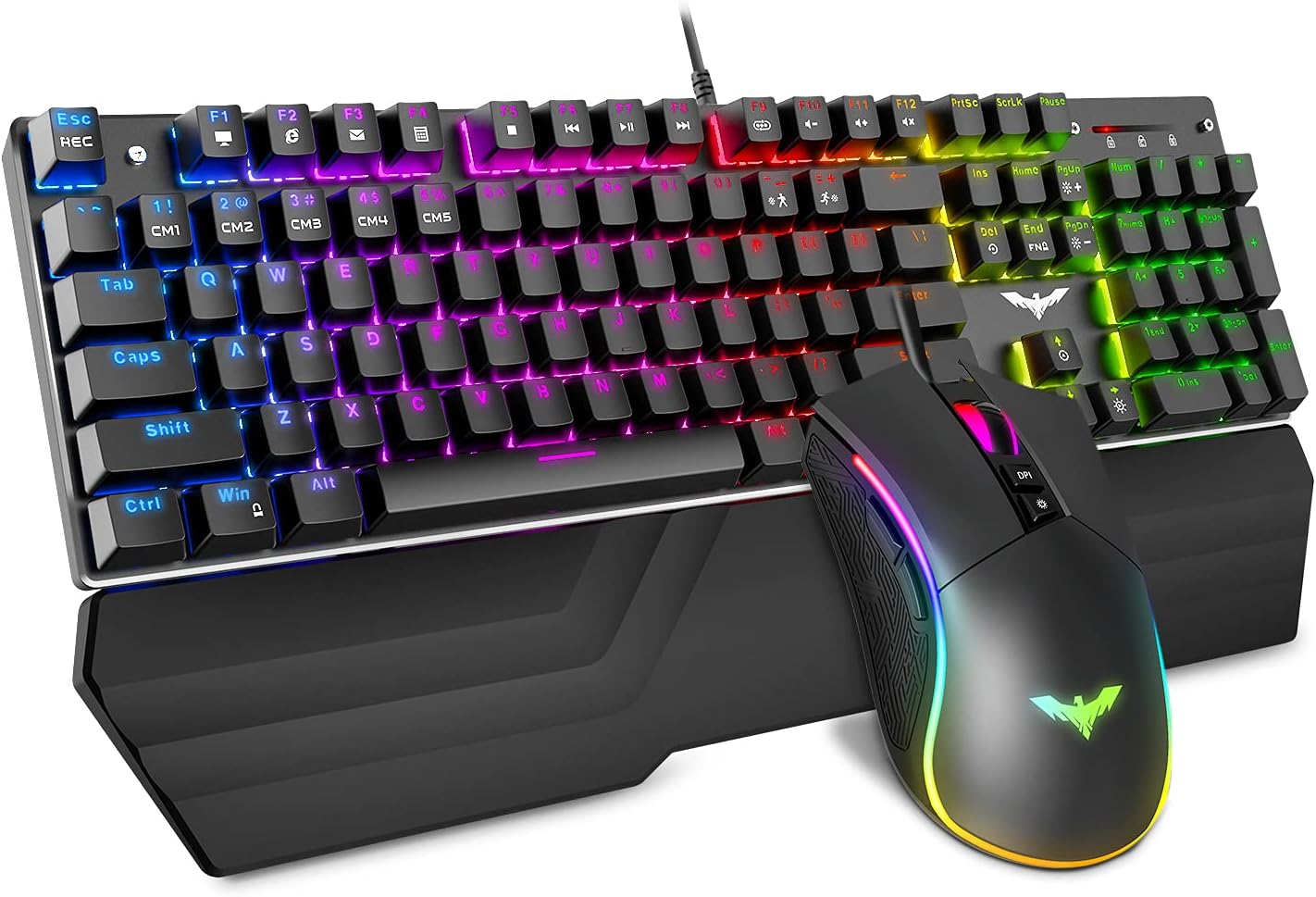 Havit Mechanical Keyboard and Mouse Combo RGB Gaming 104 Keys Blue Switches Wired USB Keyboards with Detachable Wrist Rest