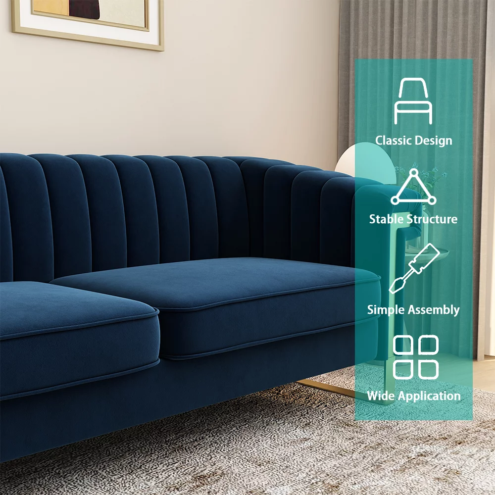 Velvet Sofa Couch, Modern Upholstered Sofa Couch, 84"L 3 Seater Sofa Couch, Mid-Century Velvet Sofa Couch for 3 with Tufted Back