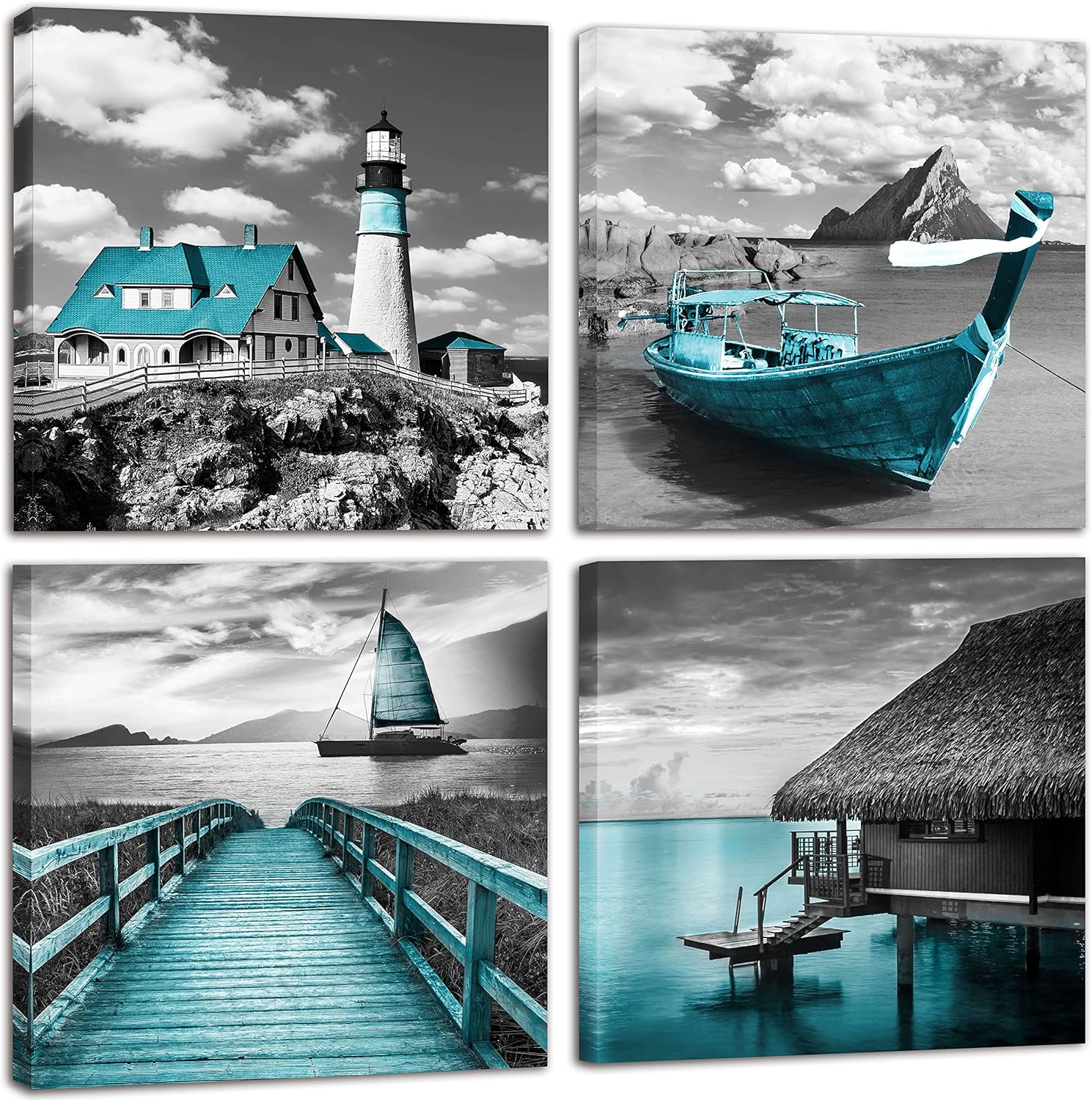 WDHCG Teal Coastal Wall-Art - Beach Bathroom Decor Wall Art - Nautical Lighthouse Decor