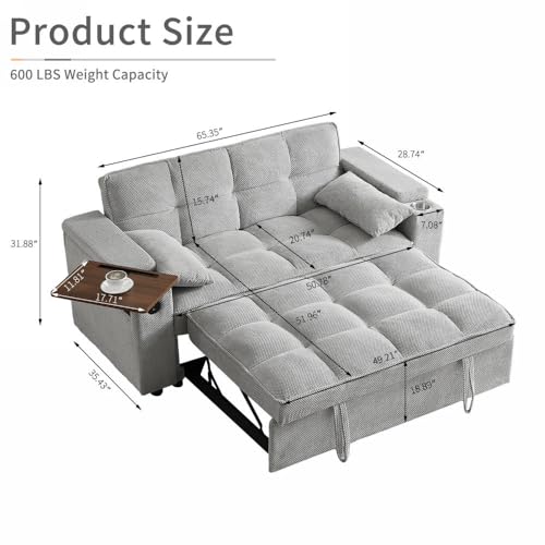 68.11" Corduroy Sleeper Chair Bed with USB Port, Cup Holders & Side Storage Pockets – 3-in-1 Foldable Sofa Bed for Guest Room, Living Room – White
