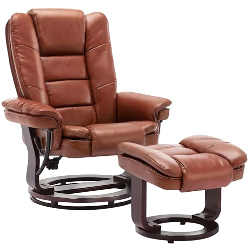JC Home Argus Swivel Recliner with Ottoman, PU Leather & Wood Base Reclining Chair with Footrest, Ultra-Plush Double Foam for Living Room