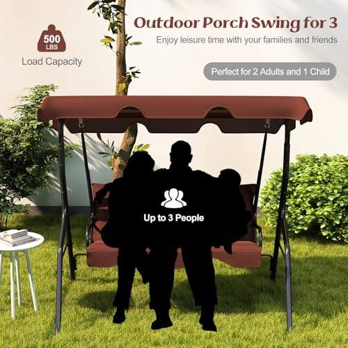 Tangkula 3 Person Porch Swing, Patio with Removable Cushion & Powder-Coated Steel Frame, Outdoor Swing with Canopy for Porch, Backyard, Garden