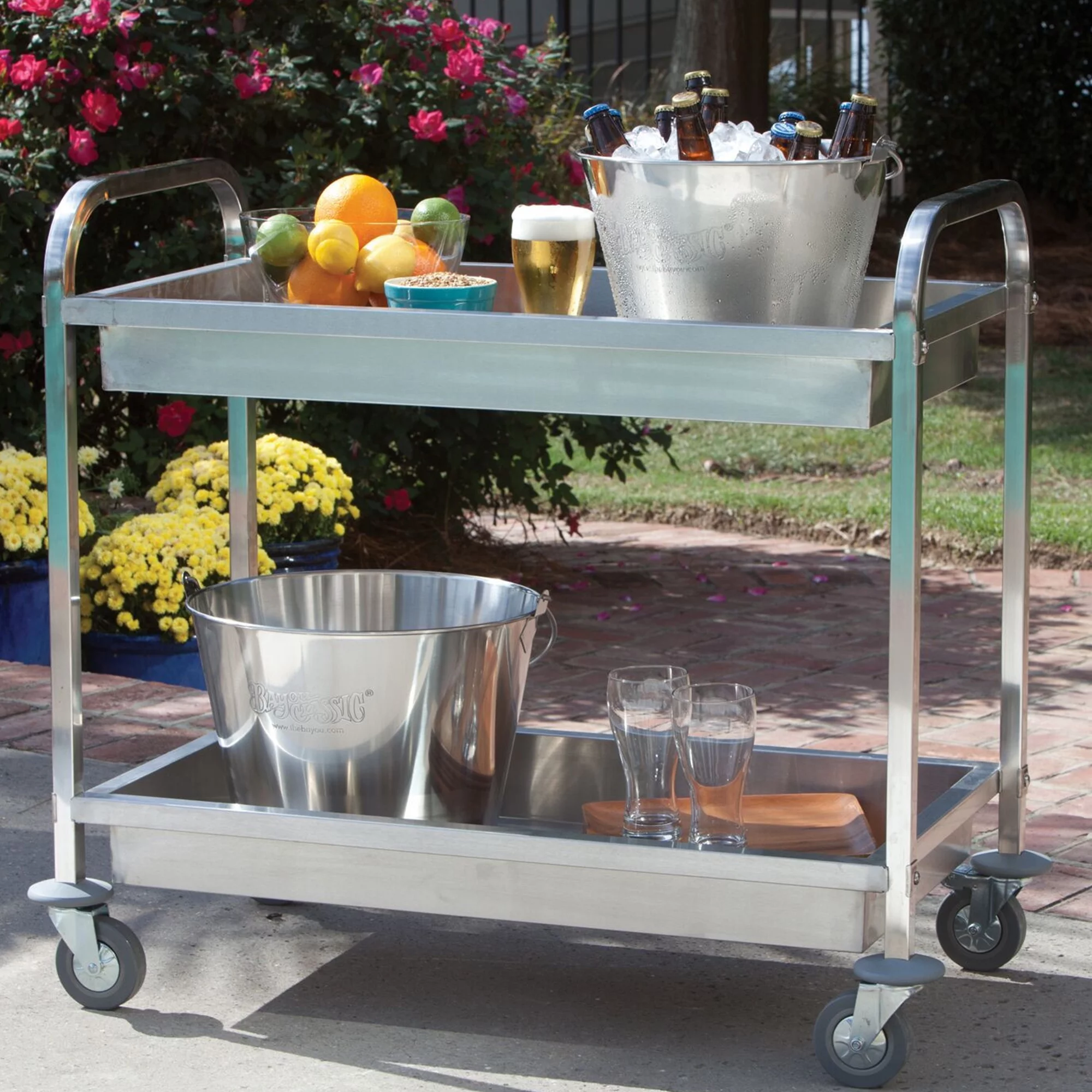 Bayou Classic 4873 Stainless Serving Cart Features Two Trays w/ Galley Rails to Keep Items in Place Locking Casters Easily Transportable Perfect For