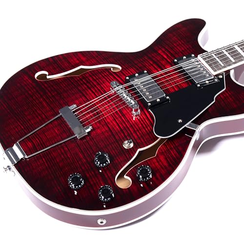 GROTE Jazz Electric Guitar Semi-Hollow Body Trapeze Tailpiece Bridge Guitar Gig Bag (Black)