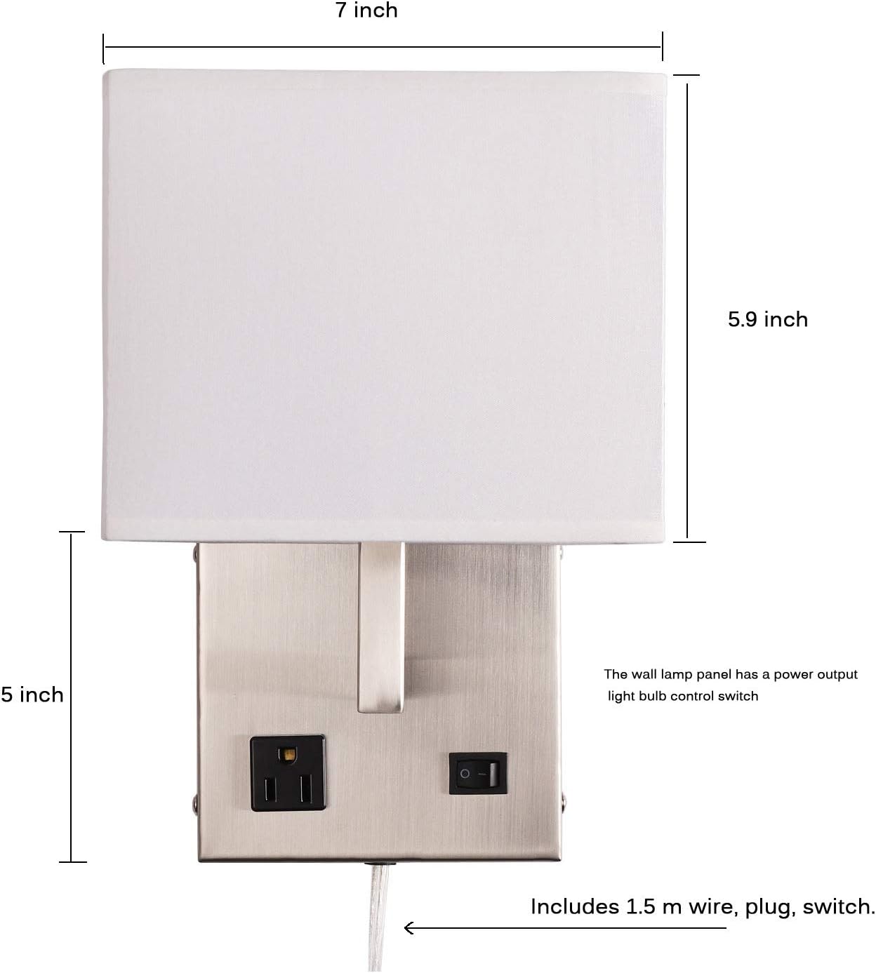 Postmodern Bedside Wall Mount Light with AC Outlet and Switch,Plug in Cord Hardwire,Brush Nickel,White Fabric Shade