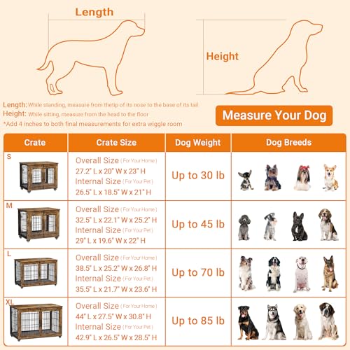 Lulive Dog Crate Furniture for Medium Dogs, 32'' Dog Kennel Indoor with Cushion & Wheels Wooden Dog Cage Double Doors Dog Crate End Table, Grey