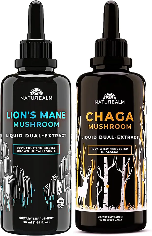 Naturealm Lion's Mane & Chaga Mushroom Extract - Adaptogen Stack for Focus, Immunity, Longevity, Stress Relief, Gut Health, Anti-Aging