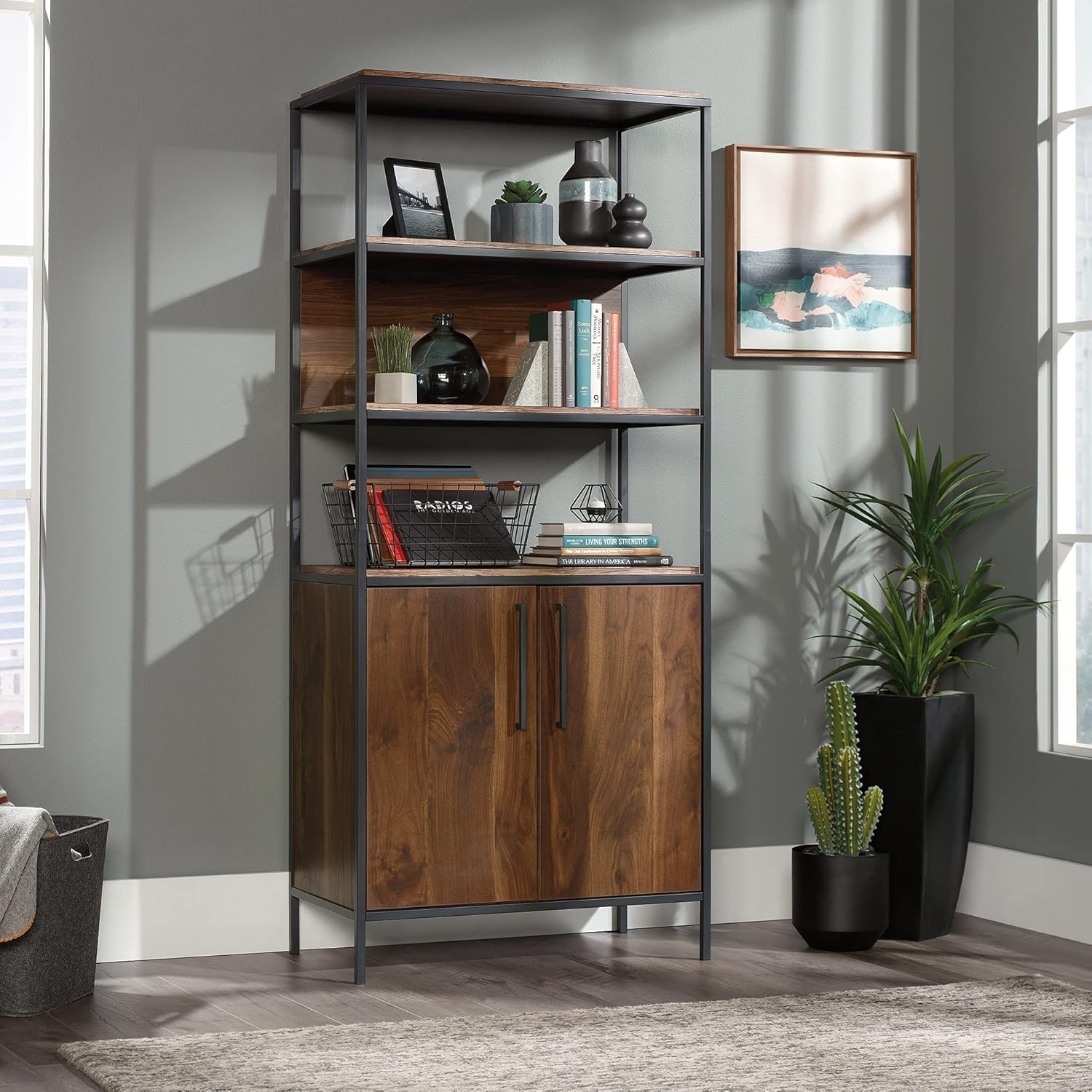Sauder Nova Loft Bookcase with Doors, L: 33.07 x W: 17.32 x H: 75.98, Grand Walnut Finish