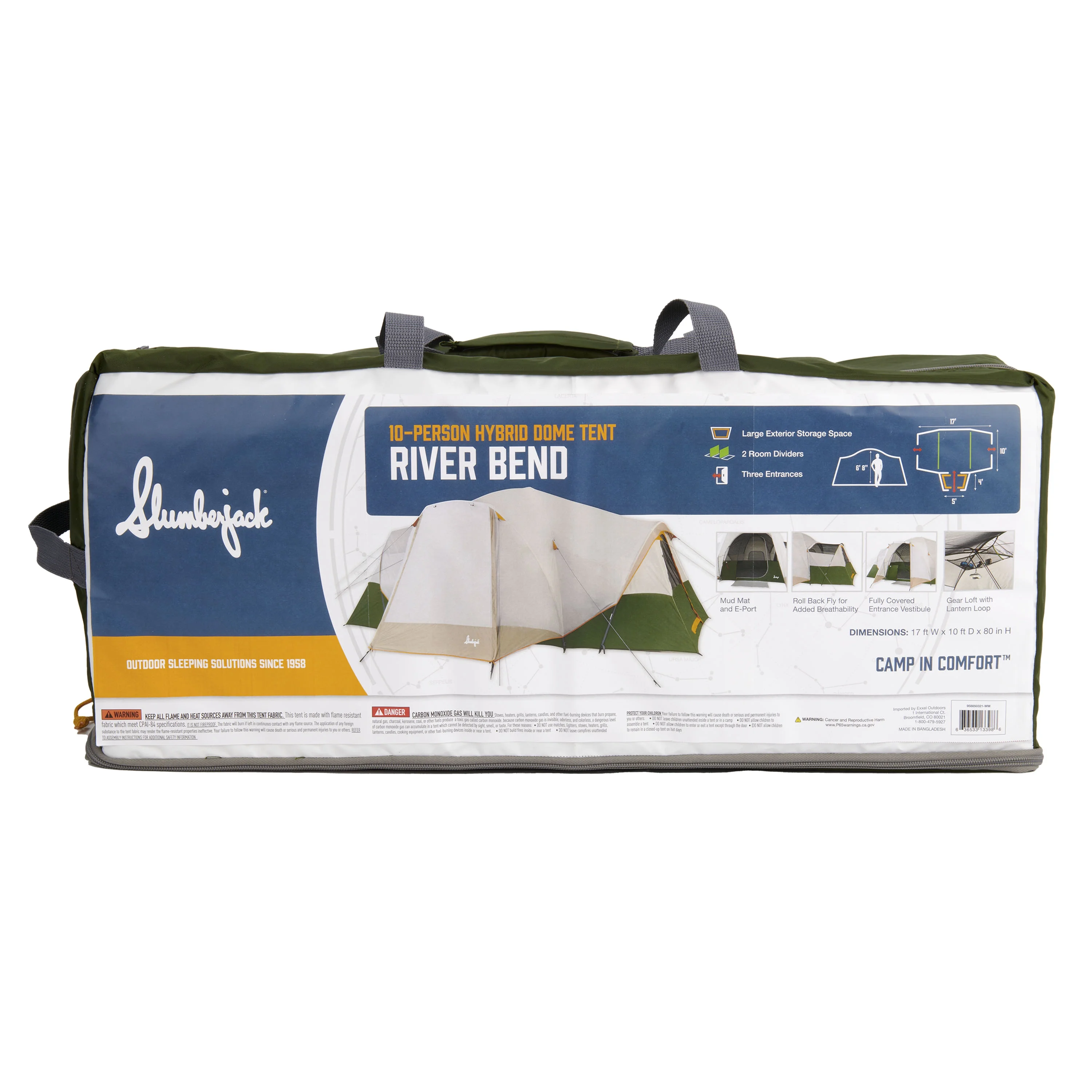 Slumberjack Riverbend 10-Person, 3-Room, Hybrid Dome Tent, Off-White / Green, with Full Fly, Weight 26 Lbs. 6 oz.