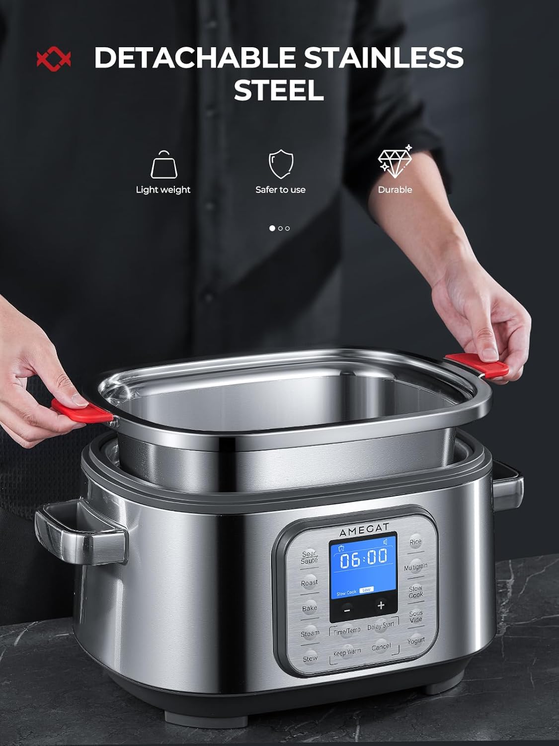 Slow Cooker 6 Quart, 10 in 1 Programmable Cooker, Rice Cooker, Sauté, Steamer & More, Stainless Steel Inner Pot, Steaming Rack & Glass Lid