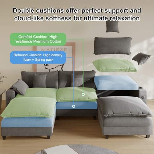 Modular Sectional Sofa, Cloud Couch with Ottoman, Charging Station, Throw Pillows, Cup Holders, Modern Convertible U Shaped Couches for Living Room