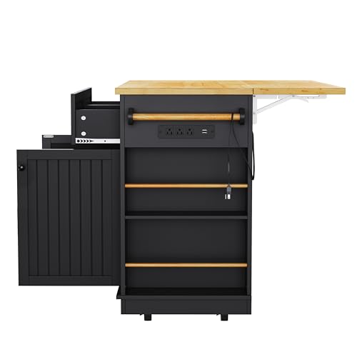 Ball & Cast 48" Large Kitchen Island with Power Outlet,Rolling Kitchen Cart on 5 Wheels W/Drop Leaf and 5 Open Side Racks