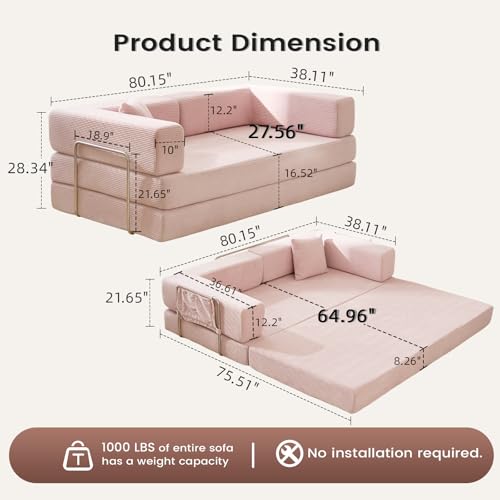 Convertible Sleeper Sofa Bed No Assembly Corduroy Upholstered Green Modular Floor Couch Queen/King Size Foldable Futon with Memory Foam for Apartment