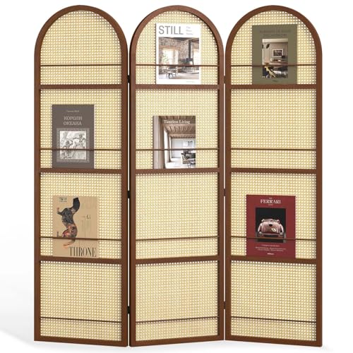 Room Divider and Folding Privacy Screens, Pine Wood 5.6 Ft Double Hinged Rattan Partition Freestanding Wall Room Divider for Home - 3 Panels
