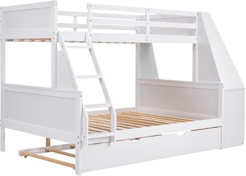 Twin Over Full Bunk Bed with Desk and Trundle, Wooden Bunk Beds Twin over Full Size with Storage Drawers and Shelf