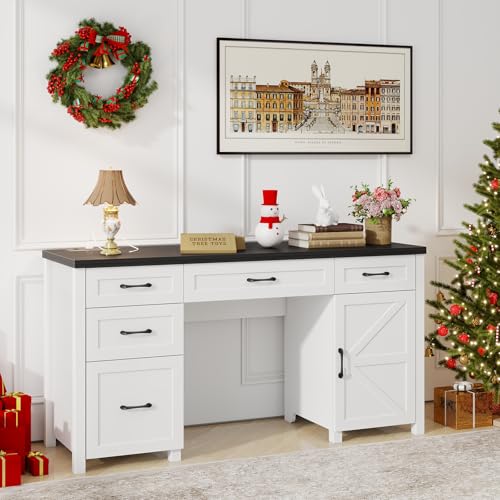 Farmhouse 61'' Executive Desk with 5 Drawers, Rustic Office Desk Computer Desk with Charging Station, File Drawers and Storage Cabinet