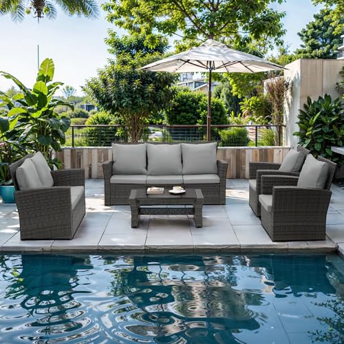 Wisteria Lane 4 Piece Outdoor Patio Furniture Sets, Wicker Conversation Set for Porch Deck, Gray Rattan Sofa Chair with Cushion