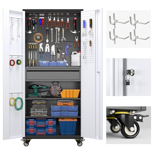 Aobabo 71" H×32" W×16" D Metal Storage Cabinet with Wheels, Garage Steel Storage Cabinet with 5 Adjustable Shelves and 4 Hooks for Home Office