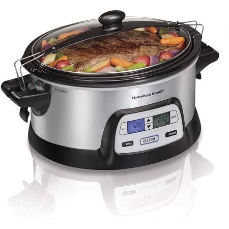 Hamilton Beach Stay or Go Portable 6-Quart Programmable Slow Cooker with FlexCook Dual Digital Timer for 2 Heat Settings, Lid Lo