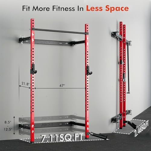 Mikolo 2" x 2" Folding Wall Mounted Squat Rack, 1000 Pounds Capacity Power Rack with Pull Up Bar, J Hooks and Other Attachments, Space-Saving Home Gym