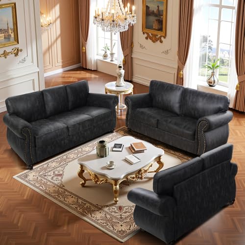 Mid-Century Vintage Sofa Couches with Rivet Design,3-Seater Sofa,Removable Sofa Cover Upholstered Cushions and Solid Wood Frame (Brown, 3-Seater)