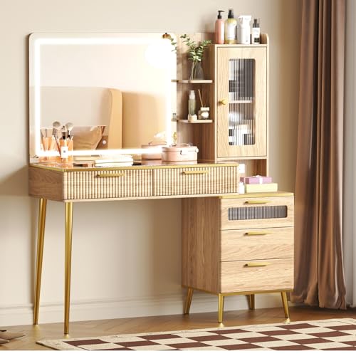 47.24" Big Modern Vanity Desk with Mirror and Lights, Vanity Desk with 29.53" HD Lighted Mirror