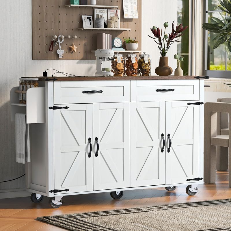 53.5''Farmhouse Kitchen Island with Power Outlet, Kitchen Storage Island with Drop Leaf, Spice Rack and Drawer, Rolling Kitchen Cart on Wheels