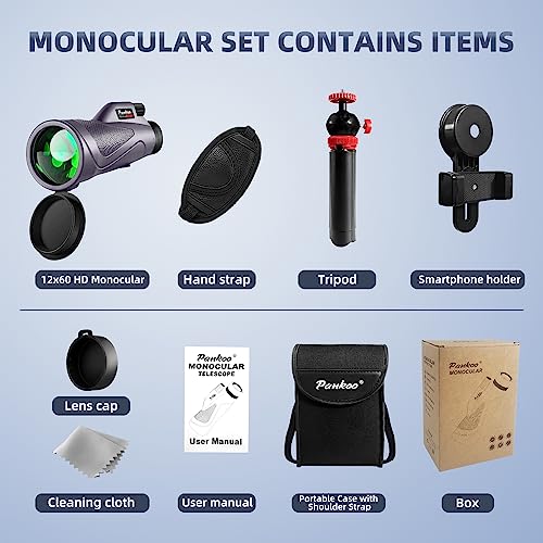 40X60 Monocular Telescope, High Power Monocular for Adults with Phone Adapter& Tripod& Hand Strap, Low Night Vision Monocular