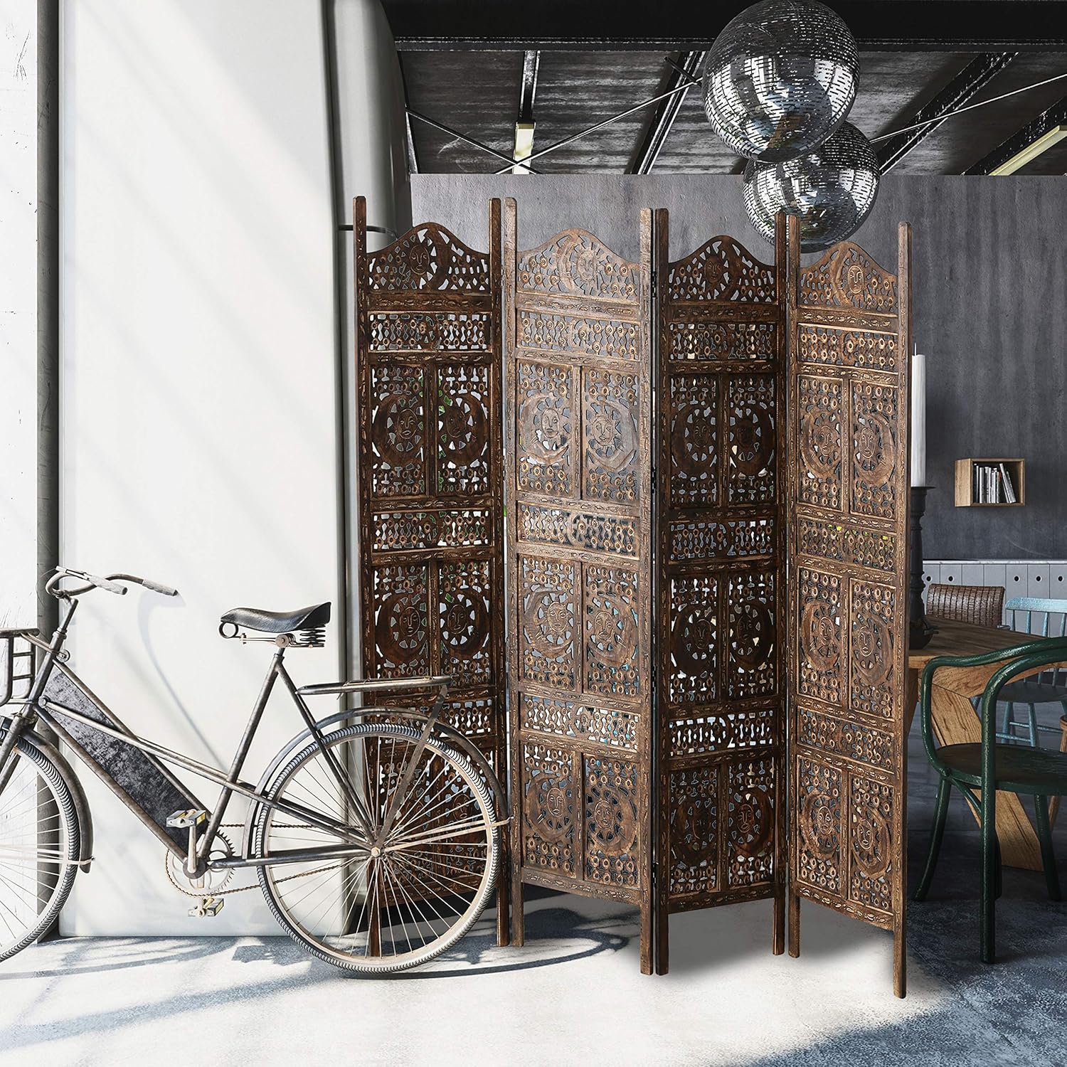 Global Chic Sun, Moon and Star 4 Panel Screen Room Divider of Hand Carved Sustainable Mango Wood