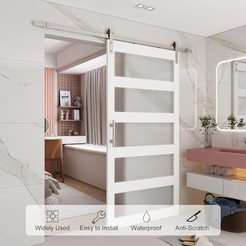 BARNSMITH 42in x 84in Glass Barn Door with 7FT Sliding Door Hardware Kit Included & Handle